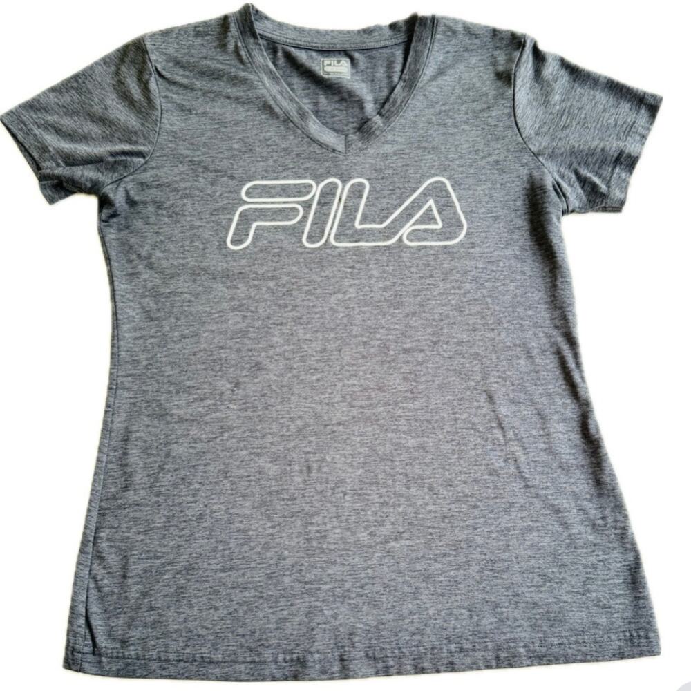 FILA Women’s Small V-Neck Dark Gray Logo Tee Soft Stretchy Preowned